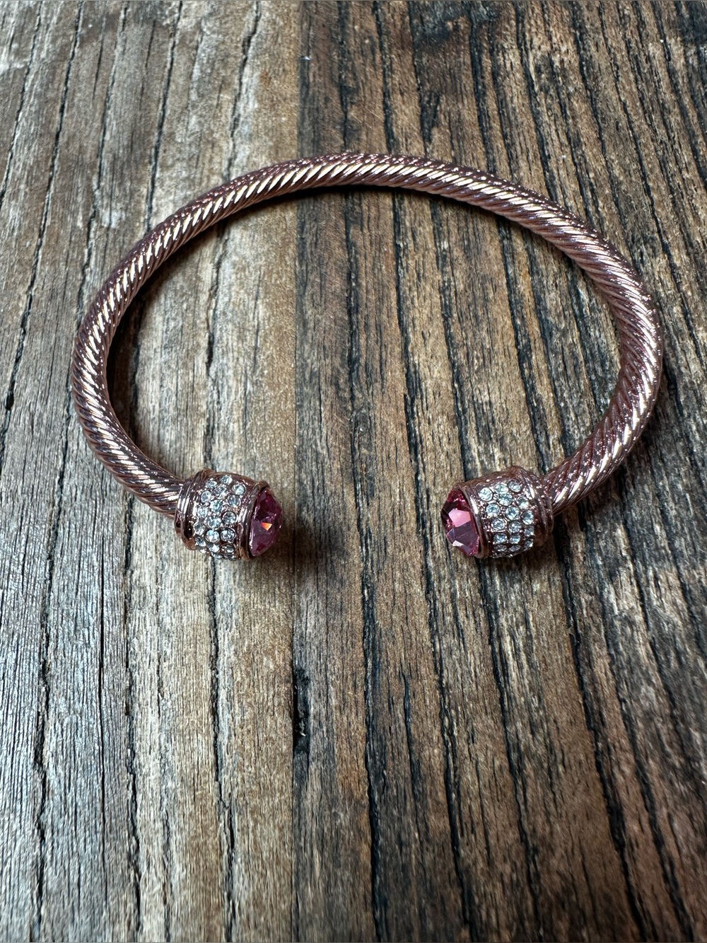 Rose Gold Open Cuff Bracelet with Pink Crystal Ends